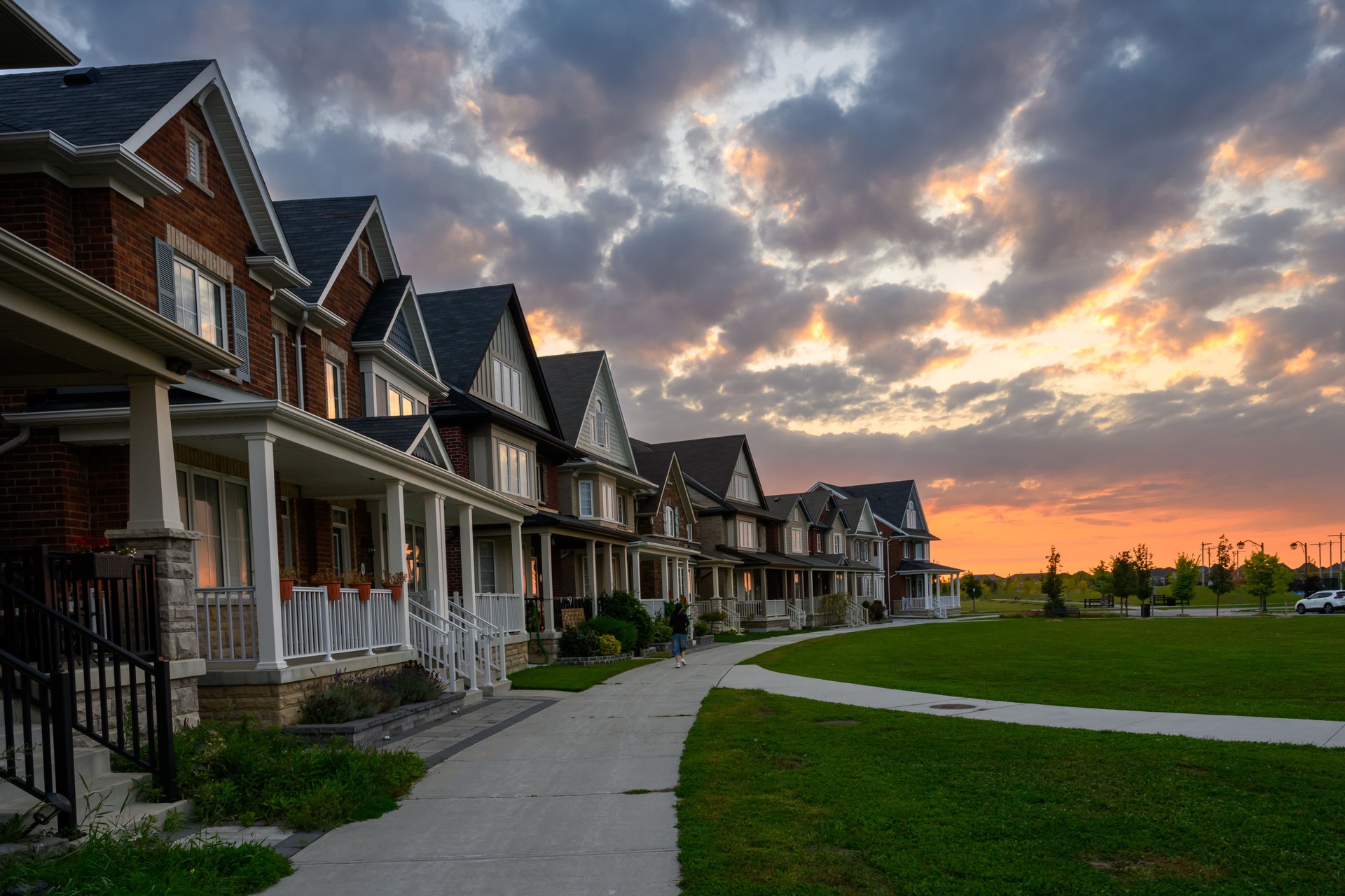 Sunrise on detached homes in Markham, Ontario, Canada