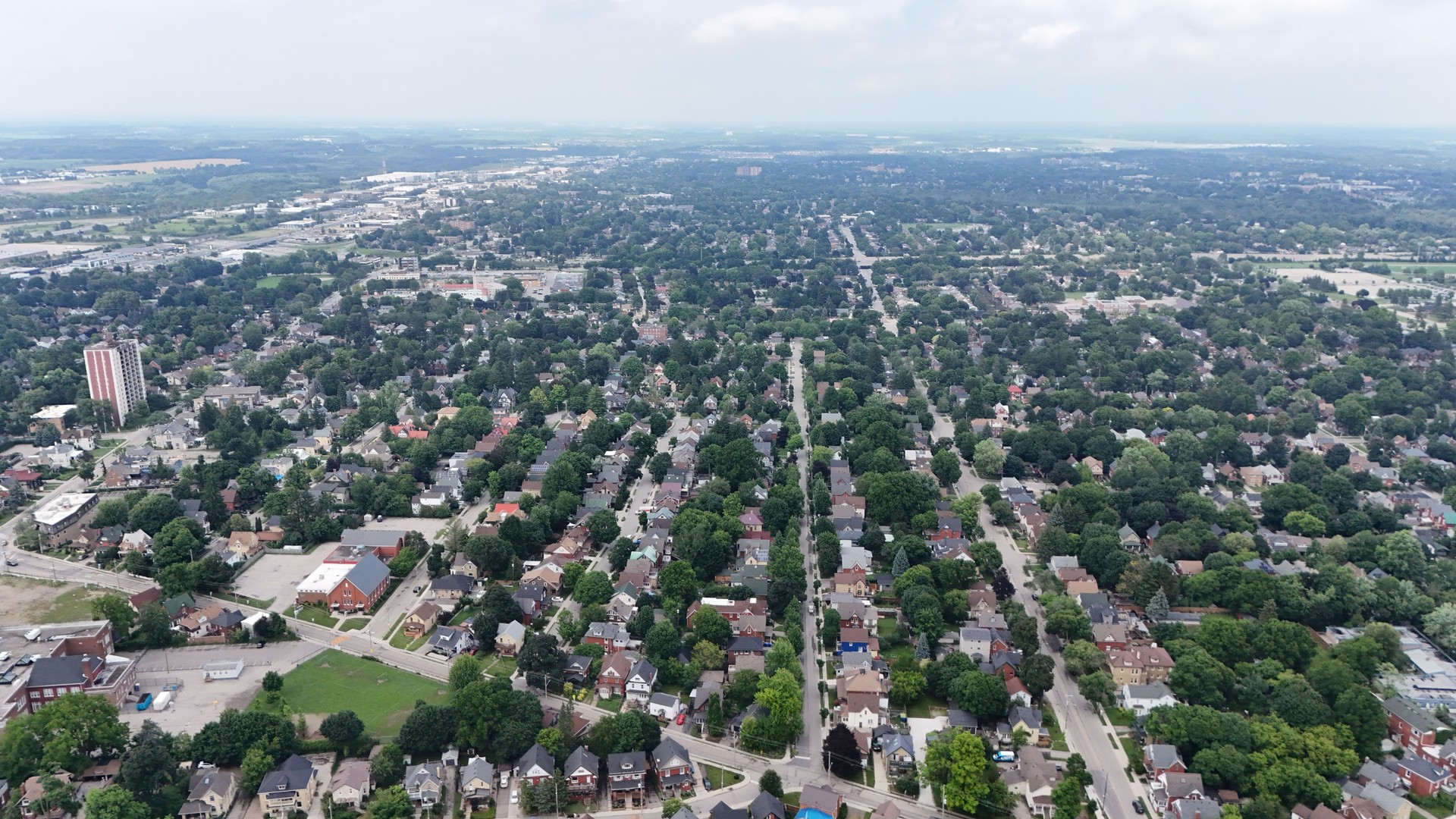 Aerial view of a residential neighborhood during daytime in Waterloo city, Ontario, Canada