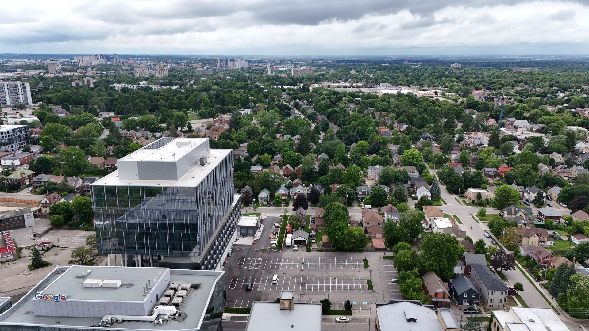 Aerial view of Mike & Ophelia Lazaridis Quantum-Nano Centre (QNC) in Waterloo, Ontario, Canada