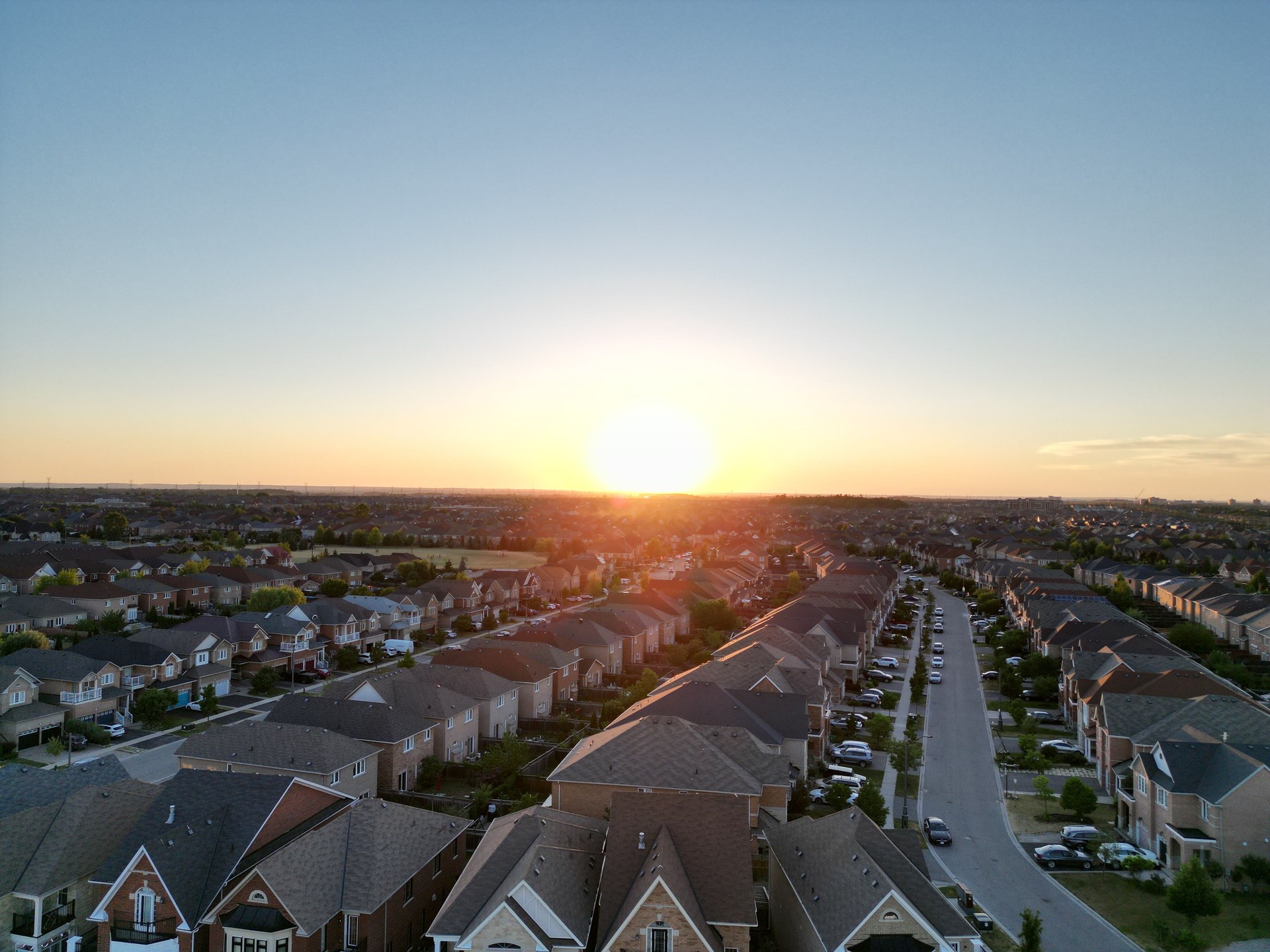 Aerial view of a neighbor in Mississauga, Ontario during sunset